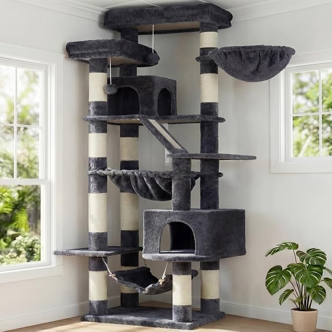 Heybly Cat Tree, 71-Inch-Tall Tower for Indoor Cats with 2 Perches HCT034G | Large Cat Furniture with 2 Big Condos, 2 Hammocks, Basket, Scratching Pad, Multi-Level Cat Condo, Smoky Gray