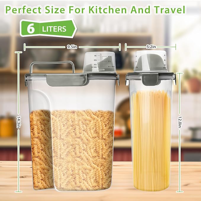 Viretec Rice Storage Container, 5 to 10lb Dry Food Airtight Dispenser, Pet Dog Cat Food Canister, BPA Free Clear Plastic Kitchen and Pantry Bin for Oatmeal, Cereal, Pasta, Flour Pack of 2 Grey