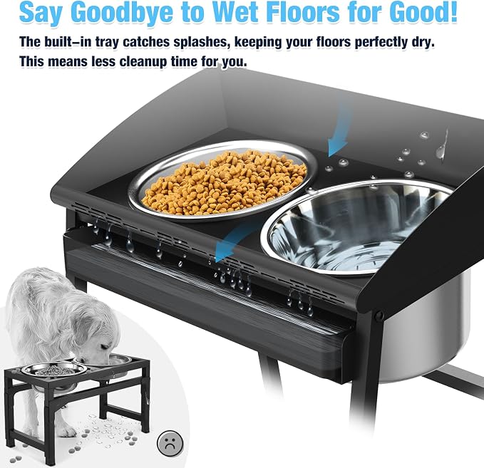 Bobbie & Laxi 15" Tilted Elevated Dog Bowl, Large Breeds Non-Spill Design | Raised Dog Bowl with Stand; Stainless Steel Food&Water Bowl Set with Splash Guard; Easy Clean for Indoor Dry-Use Areas