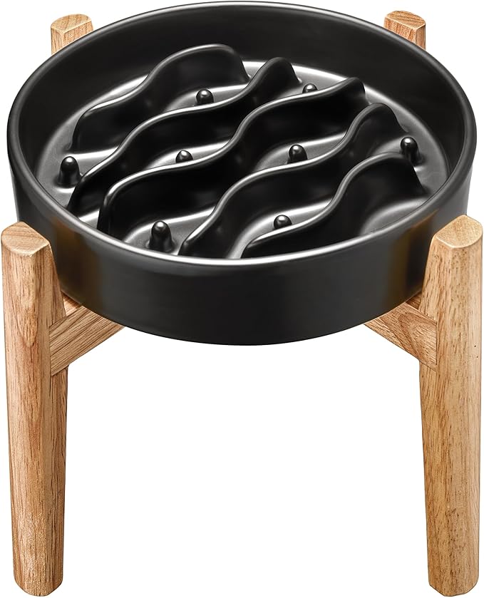 Ceramic Slow Feeder Dog Bowls Elevated, 2.0 Cups Dog Slow Feeder for Medium and Large Dogs, 30oz, 8in, Black