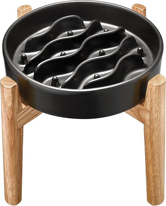 Ceramic Slow Feeder Dog Bowls Elevated, 2.0 Cups Dog Slow Feeder for Medium and Large Dogs, 30oz, 8in, Black