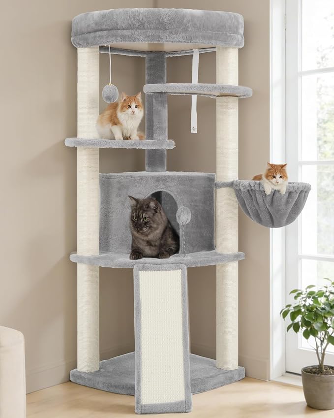 Corner Cat Tree Tower with All Sisal Scratching Posts GCT025W | 44.1" Cat Furniture with Multi-level Cat Condo, Cat Cave, Hanging Basket, Sisal Scratching Ramp for Indoor Cats, Light Gray