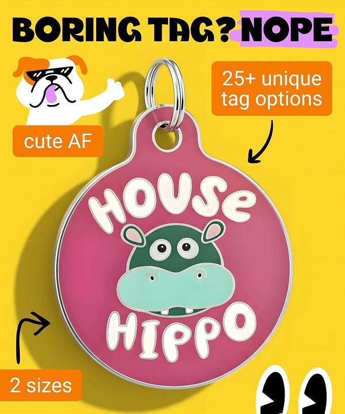 Bad Tags Personalized Dog and Cat ID Tags in 25+ Designs and 2 Sizes - 5 Lines of Custom Engraved Text - Funny Cute Personalized Pet Tags (House Hippo - Pink, Large (1.25 inch))