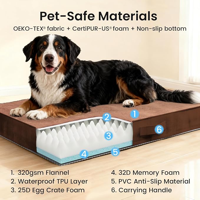 OhGeni Orthopedic Waterproof Dog Bed for Extra Large Dogs, Machine-Washable Removable Cover in Easy-Clean Fabric, Reversible Memory Foam & Easy-Carry Handle, Suitable for Crate, 47 inch (Brown)
