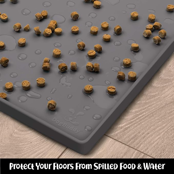 DogBuddy Dog Food Mat – Waterproof Dog Bowl Mat for Food and Water, Silicone Pet Feeding Mats for Floors, Non-Slip Placemat with High Edges for Dogs Bowls, Puppy Essentials (M: 21” x 14”, Shadow)