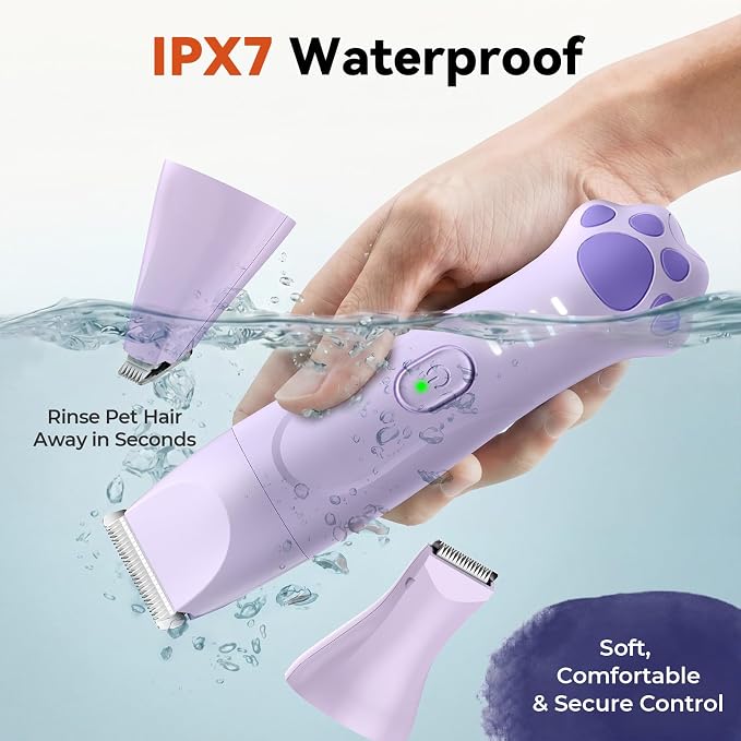 4-in-1 Dog Clippers for Grooming Kit - 45dB Quiet 150-Min Run Non-Slip Grip | Cordless Rechargeable IPX7 Waterproof Hair Paw Trimmer & Nail Grinder Pet Shaver at Home Razor for Dog & Cat, Purple Veeconn