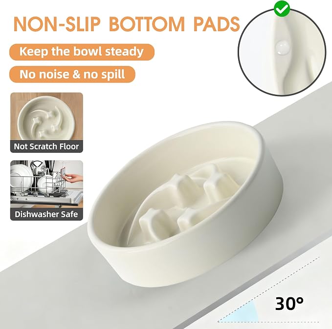 Ceramic Slow Feeder Dog Bowls Small Breed, 0.6 Cups Slow Eating Dog Bowl, Anti-Gulping Puppy Food Bowl Reduce Choking, Puzzle Maze Design Pet Dishes for Fast Eaters, 6.3 inch - Beige