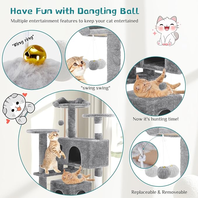 DUMOS 54 Inch Cat Tree Tower with Scratching Posts | Indoor Multi-Level Pet House for Large Cats with 2 Condos, Round Platform, Small Ladder and Toys, Light Grey