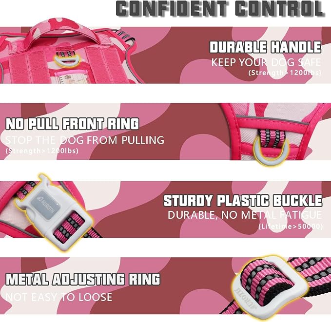 AUROTH Tactical Dog Harness for Small Medium Large Dogs No Pull Adjustable Pet Harness Reflective K9 Working Training Easy Control Pet Vest Military Service Dog Harnesses (XL, Pink Camo)