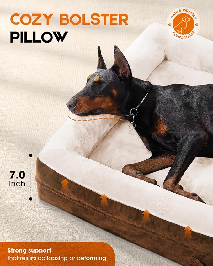 Upvilla Large Orthopedic Dog Bed, Four-Sided Cushioned Egg-Shaped Foam Dog Sofa, Waterproof Removable Cover, Pet Sofa Bed with Non-Slip Base, Large Pet Bed,Brown