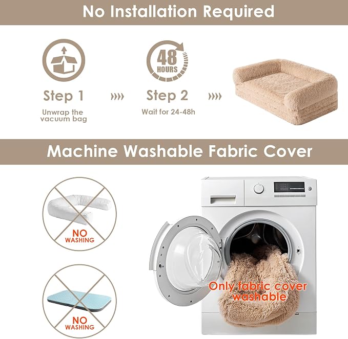 EHEYCIGA Foldable XXL Dog Bed for Large Sized Dog, 54"x38"x7.5" Faux Fur Fluffy Pet Couch Bed, Orthopedic Calming Memory Foam Big Pet Bed, Washable Pet Sofa Bed with Non-Slip Bottom, Camel