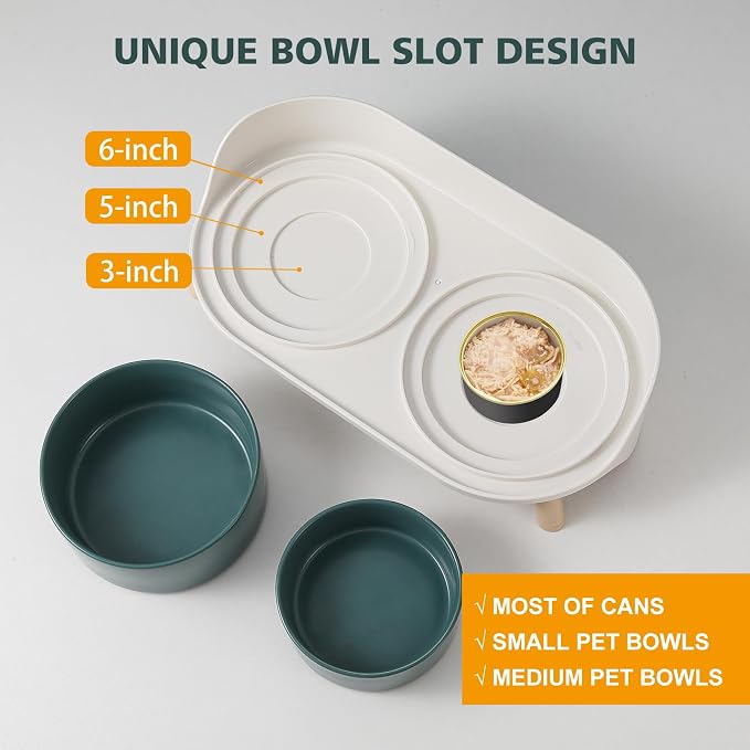 Raised Cat Food and Water Bowl Set - Elevated Ceramic Dishes with Non-Slip Stand and Splash Guard for Small Dogs - 2 x 320 ML (4.9 OZ) - Green