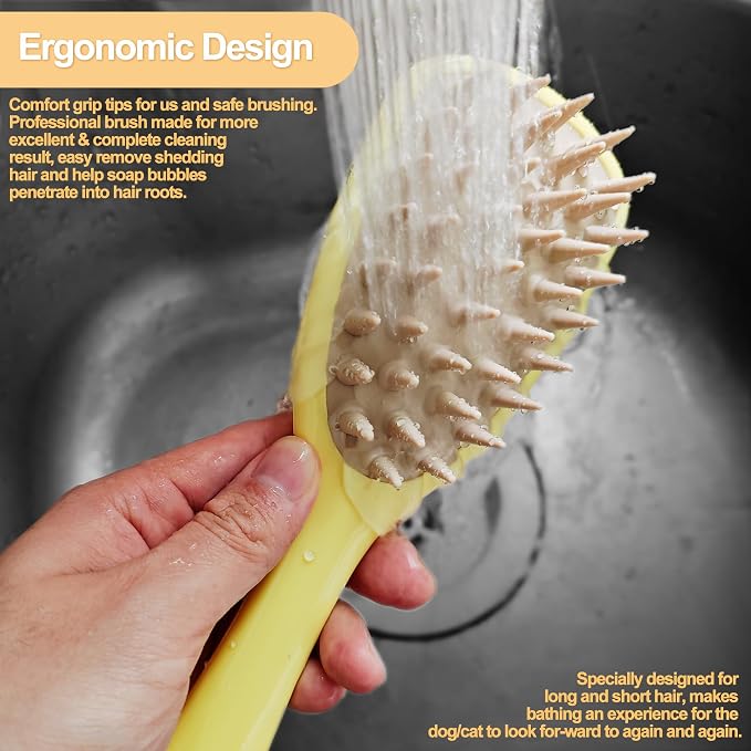 Pet Silicone Shampoo Brush for Long Short Hair Dogs Cats Washing, Dog Washing Brush with Handle for Bathing, Massaging, Hair Removal, on Wet or Dry Hair (Yellow)