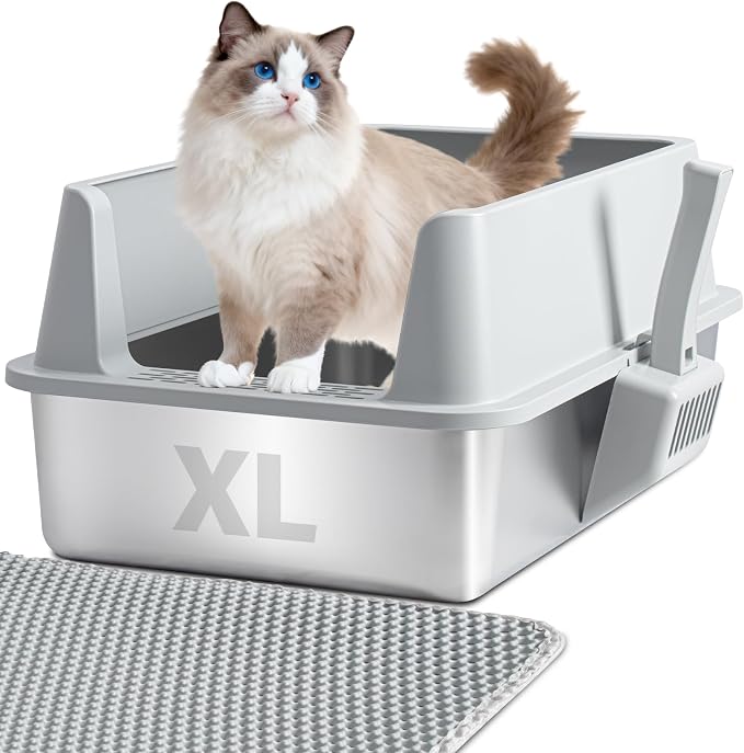 Stainless Steel Litter Box with Lid, XL Metal Litter Box | Cat Litter Boxes Extra Large for Big/Multiple Cats, Never Absorbs Odors, Non-Stick, Includes Scooper and Mat