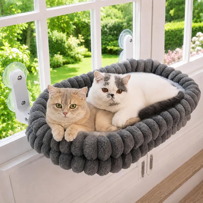 CHEERPALS Cloud Cat Window Perch for Indoor Cats Hammock Bed Foldable | Reversible Cushion Removable Washable, Breathable Soft All-Season, Sturdy Strong Suction Cups Support, Cordless(Grey,Large)