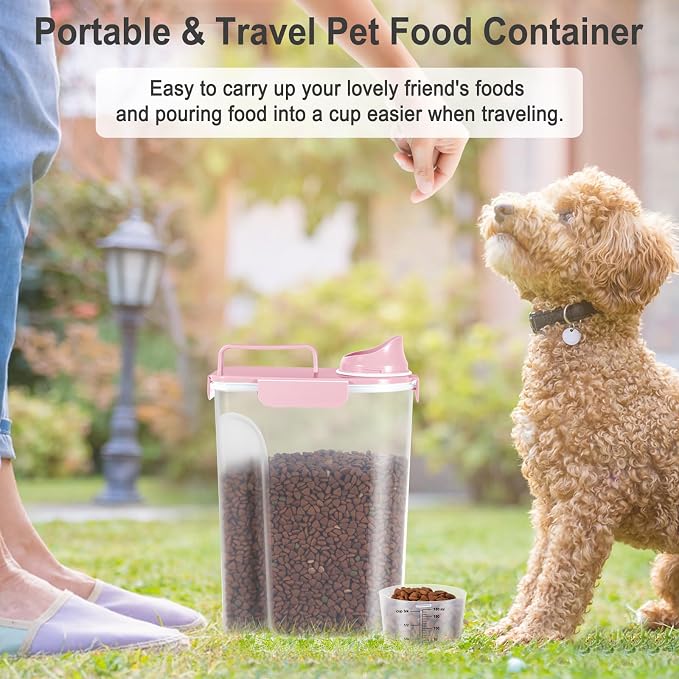Dog Cat Food Storage Container with Cup (Pink, 5L) | Pet Food Pourable Container Airtight with Large Spout, BPA-Free Plastic Food Dispenser for Pet Food, Bird Seed, Rice, Flour