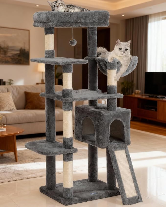 54 Inches Cat Tree, Tall Cat Tower with Hammock, Condo and Scratching Pad, Cat House with Plush Perch for Indoor Cats Adult