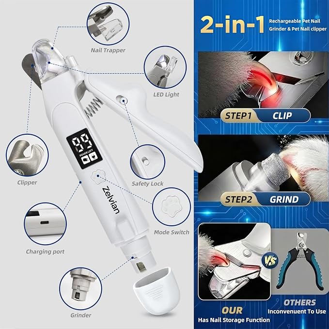 2-in-1 Dog & Cat Nail Clipper and Grinder, LED Light, USB-C | Low-Noise Motor, Safety Lock, Nail Catcher, 3 Grinding Ports and Rechargeable Design for Cats, Small and Medium Dogs