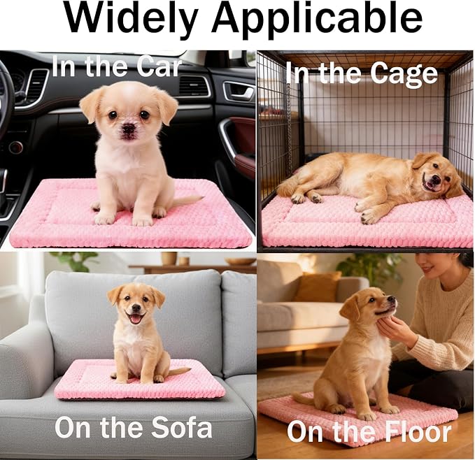 Dog Bed Mat, Reversible Dog Crate Pad for Small Medium Dogs & Cats, Soft Washable Kennel Mat with Non-Slip Bottom, Lightweight Pet Bed for Crate, Cage, Home and Travel(Pink, 30" L*20" W*1.5" Th)
