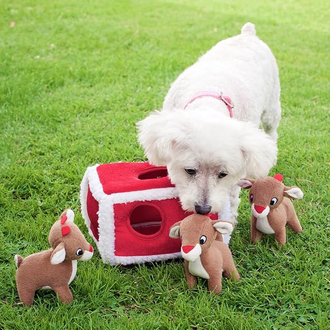 ZippyPaws Holiday Burrow- Interactive Dog & Puppy Toy for Boredom, Stimulating Pet Product to Keep them Busy, Hide & Seek Plush Dog Puzzle, Enrichment Squeaky Toy for Small & Medium Dogs- Reindeer Pen