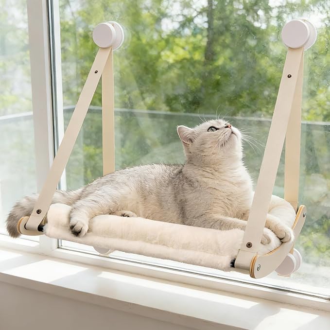 Cat Window Perch with 4 Strong Suction Cups | Cat Hammock for Window, Easy Assembly, Solid Wood Frame with Large Cats Bed, Supports Up to 40lbs for Indoor Cats
