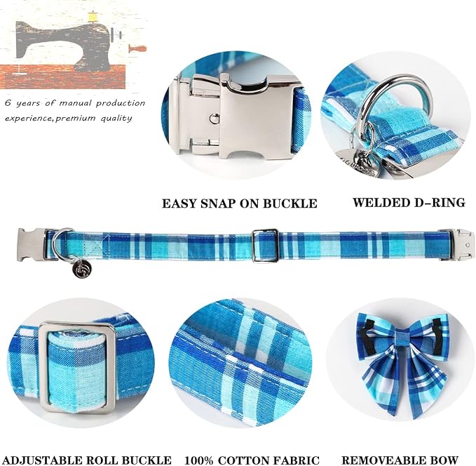 DOGWONG Cotton Blue Plaid Dog Collar, Cotton Dog Collar with Bow Cute Boy Dog Collar Puppy Necklace for Female Small Medium Large Dogs