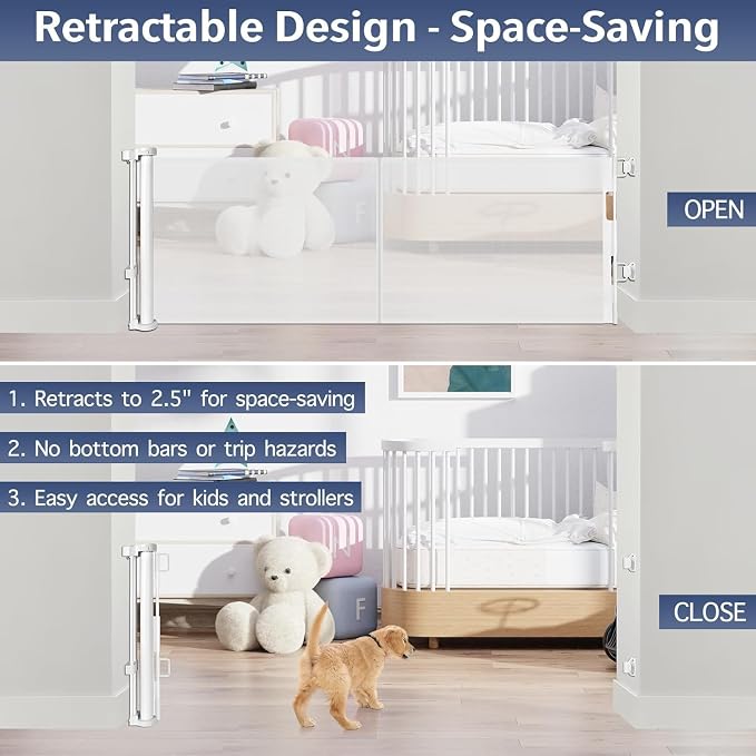 Reinforced 18" Tall Retractable Gate Step Over Dog Gate, 55" Wide Mesh Gate Short Pet Gate Indoor/Outdoor Retractable Dog Gate, Small Gates for Pets Puppy Gates for The House - No Bottom Squeeze/White