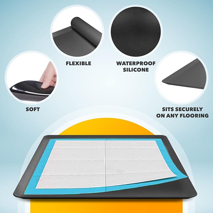 Skywin TidyFriend Dog Pee Pad Holder - Fits Up to 24” x 24” Pee Pad Holder for Dogs - Stable Grip, Soft Edges, Quick Wipe Silicone Surface Dog Pad Holder for Indoor Flooring Protection (Black)