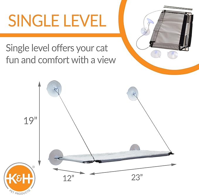 K&H Cat Window Perch, Lounger for Large Cats - 23x12in Fleece | Cat Window Hammock Bed, Steel Frame, Sturdy Suction Cups, Washable Shelf Cover, Foldable