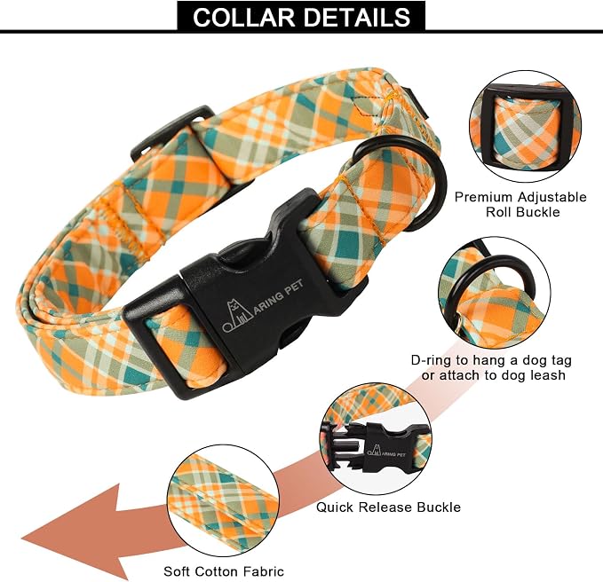 ARING PET Fall Dog Collar, Cute Orange Green Plaid Halloween Autumn Pet Collars with Quick Release Buckle for Puppy Small Medium Large Girl Boy Dogs Cotton-S