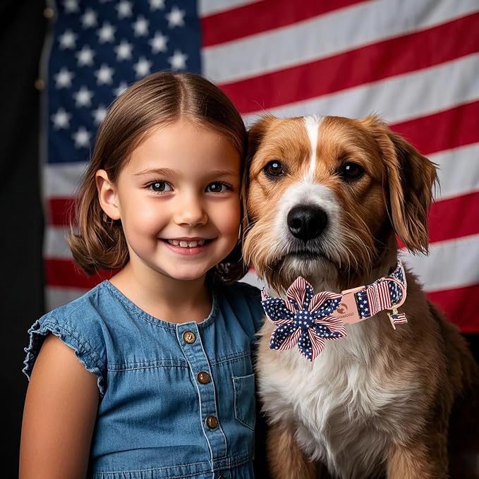 DOGWONG American Flag Dog Collar, 4 of July Dog Flower Heavy Duty Adjustable Patriotic Dog Collars with Bowtie for Small Dogs
