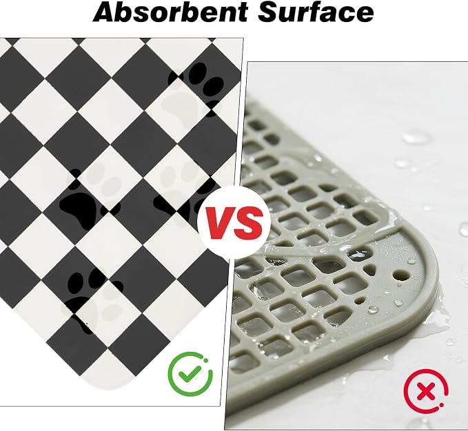 CooRug Checkered Dog Food Mat, Pet Feeding Mat 32" L x 17" W, Black | Absorbent, Leak-Proof, Anti-slip, Quick Dry, Eco-friendly Materials, Easy to clean and store, For Messy Drinkers