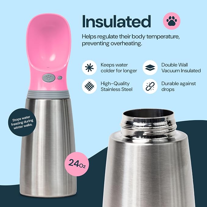 MalsiPree Insulated Dog Water Bottle - 24 oz Pink, Stainless Steel | 24oz insulated steel bottle & bowl - leak-proof - Use for dog travel, hiking, park & beach days