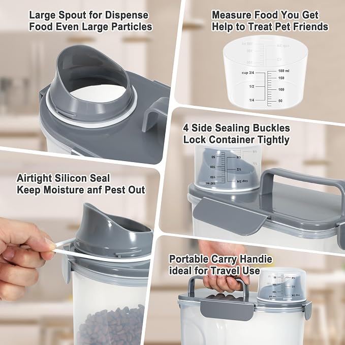 Dog Cat Food Storage Container with Cup (Dark Gray, 5L) | Pet Food Pourable Container Airtight with Large Spout, BPA-Free Plastic Food Dispenser for Pet Food, Bird Seed, Rice, Flour