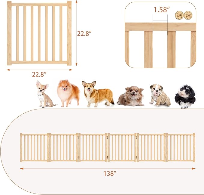 YOCAN Non-Painted Wooden Freestanding Dog Gates for The House,Doorways, Stairs,Wood Dog Fences Indoor Pet Gate,Step Over Fence-6 Panel H:23”