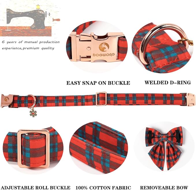 DOGWONG Christmas Dog Collar with Bow Tie, Red Green Plaid Dog Collar Durable Metal Buckle Adjustable Soft & Cute Red Checkered Dogs Collars for Small Medium Large Dogs, S