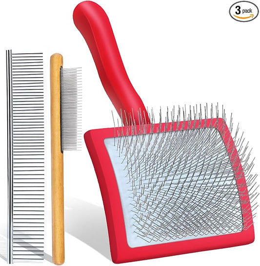 Wooden Long Pin Slicker Brush for Large Dog, Poodles & Doodles Long Hair | Grooming, Fluff & Detangle Heavy Dense Wavy Curly Coats to Easily Prevent Severe Hair Matting During Shedding Seasons