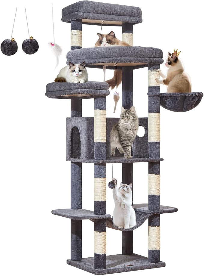 Taoqimiao Heavy-Duty Cat Tree, 71 in Cat Tower for Large Cats 20lbs+ | 3 Giant Multi-Tier Perches, Widened Cat Condo with 9 Scratching Posts, Plush Hammock & Basket, Toys, Smoky Gray, MS034G
