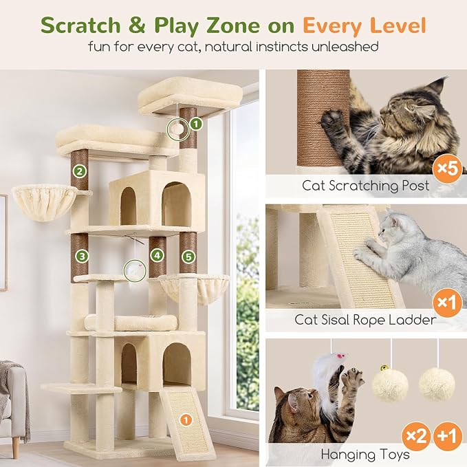 Globlazer Tall Cat Tree for Indoor Large Cats, 75 inch, F75C, Beige | Multi-Level Cat Tower, 2 Large Platforms, 2 Oversized Cat Condos, 5 Scratching Posts, Scratching Board, Removable Pet Bed