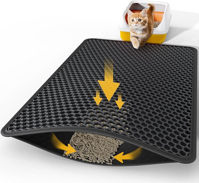 Powools Ultra-Large Cat Litter Mat, 35'' x 30", Double-Layer, Black | Urine-Proof, Non-Slip Litter Trapping Mat, Easy to Clean, Kitty Litter Mats for Floor, Scatter Control