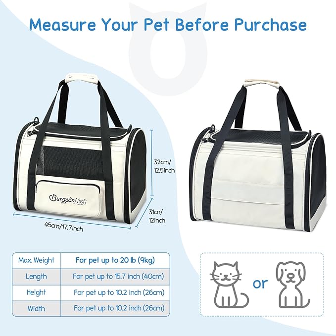 BurgeonNest Pet Carrier for Large Cats, Soft-Sided Cat Carrier for Big Cats and Small Dogs Up to 20 lbs, Top Loading Collapsible Escape-Proof Travel Cat Bag with 4 Mesh Windows & Side Storage, Beige