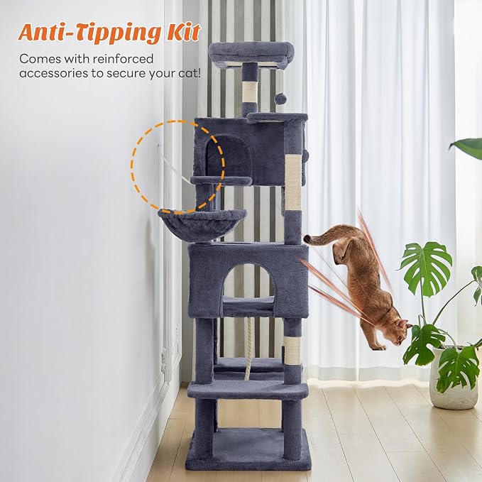 DUMOS Large 66 Inch Cat Tree Tower with Scratching Posts, Indoor Use | Tall Multi Level Cat Climbing Tower with Hammock, Pet Condo for Cats and Kittens Play, Dark Grey