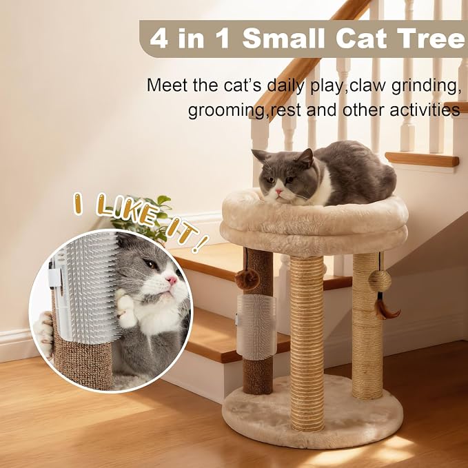 MECOOL 4in1 Small Cat Tree,Scratching Post with Tower Soft Bed, Sisal Carpet Jute Posts with Three Hanging Ball Toys and Massage Brush for Indoor Cats and Kittens