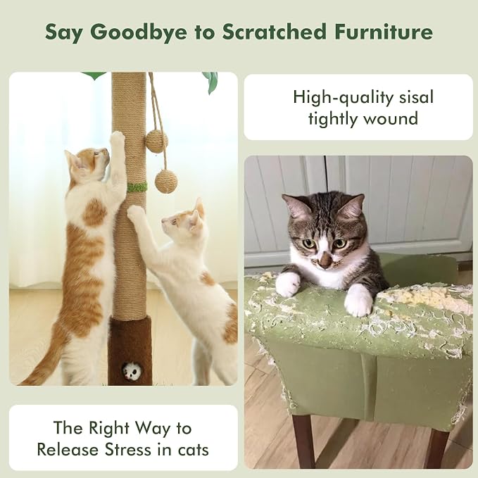 35" Tall Cat Scratching Post, Sisal Cat Scratcher Tree with Leaves,Interactive Cat Toys for Inddor Cats and Kitten