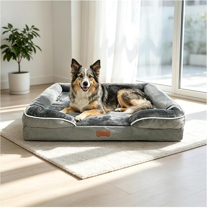 Memory Foam Large Dog Beds Removable Washable Cover Dog Couch with Non-Slip Bottom Large Cat Bed for Indoor Use 3-Sided Headrest Design for Neck and Head Support (Large)