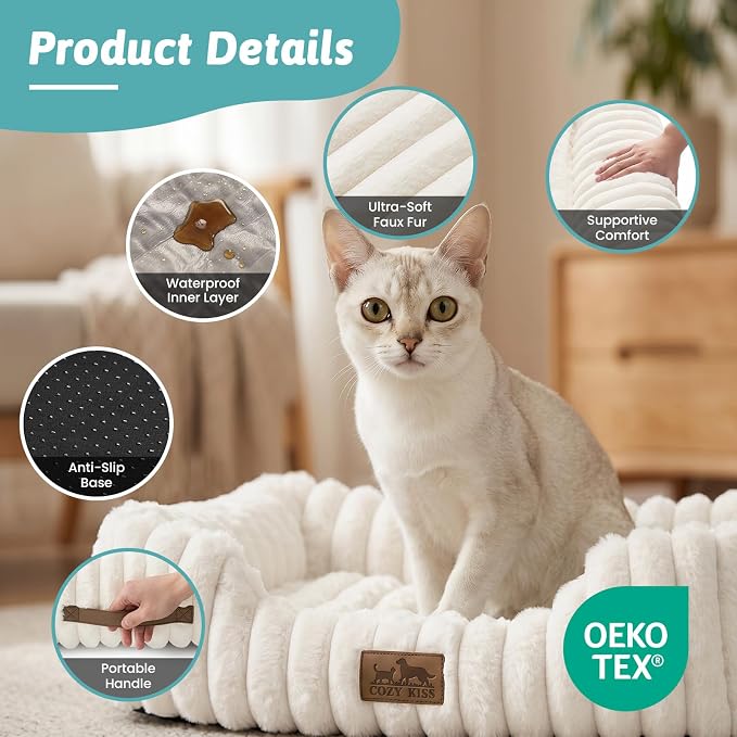 COZY KISS Orthopedic Pet Bed for Small Cats - Washable Rectangle Pet Bed with Anti-Slip Bottom, Soft Calming Cat & Puppy Bed for Indoor Pets (20"x18"x6", Cream)
