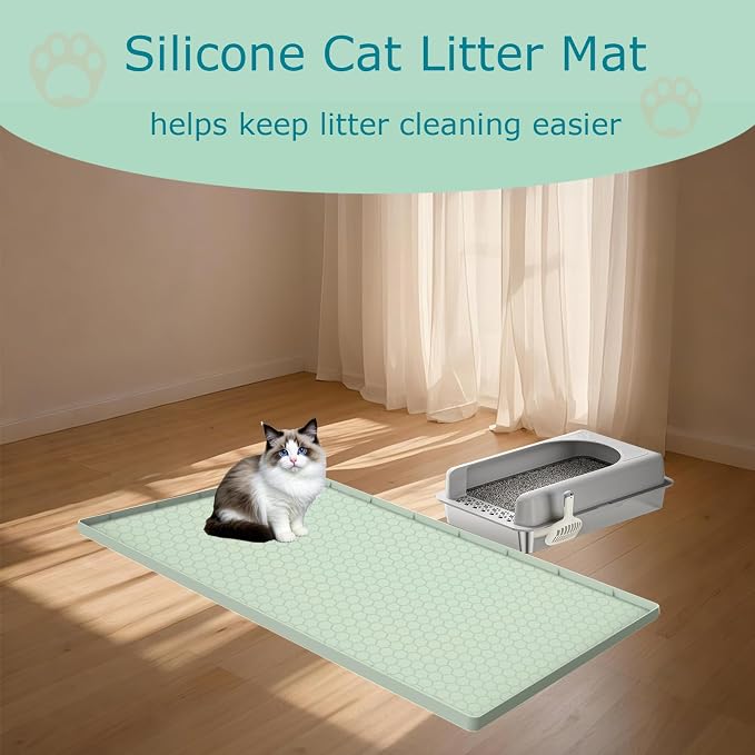 Cat Litter Mat, Silicone Large Cat Mat for Litter Box - 34x22 in, Waterproof & Non-Slip, Durable & Easy Clean, Green