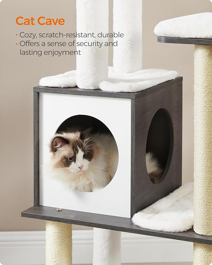 Feandrea Cat Tree, 65-Inch Multi-Level Tower with 5 Scratching Posts | Modern Cat Condo for Indoor Cats, Perch, Washable Removable Cushions, Misty Gray, CAEN Collection UPCT166G03
