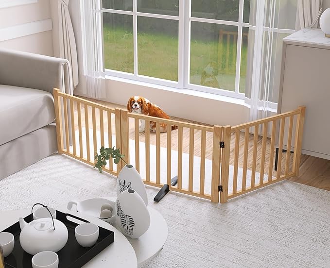 YOCAN Non-Painted Wooden Freestanding Dog Gates for The House,Doorways, Stairs,Wood Dog Fences Indoor Pet Gate,Step Over Fence-3 Panels L:69" H:16.9"