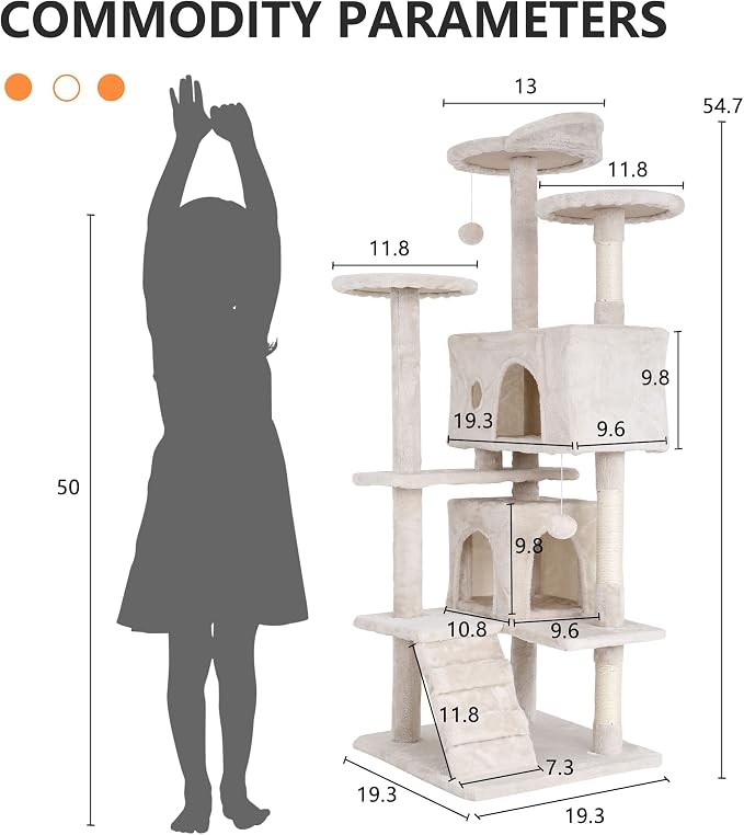 Cat Tree for Indoor Cats, Multi-Level Cat Tower with Scratching Posts & Cozy Condo, Space Saving Cat Activity Center, Durable Pet Play House (54in,Beige)